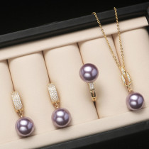 Mother's Day Gift Diamante Shell Pearl Necklace Ring and Earrings Jewelry Set With Box