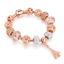 Women's Rose Gold Eiffel Tower Zircon Pink Glass Crystal Charm Chain Jewelry Bracelet