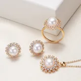 Jewelry Freshwater Pearl Diamante Pendant Necklace and Ring Earrings Set