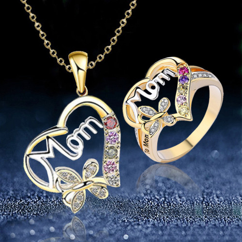 Heart Butterfly Diamante Ring Necklace Mom Slogan Jewelry Set Gifts For Mother's Day