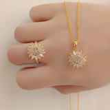 Gold Sunflower Clover Windmill Rotating Opening Ring Necklace Earring Jewelry Set