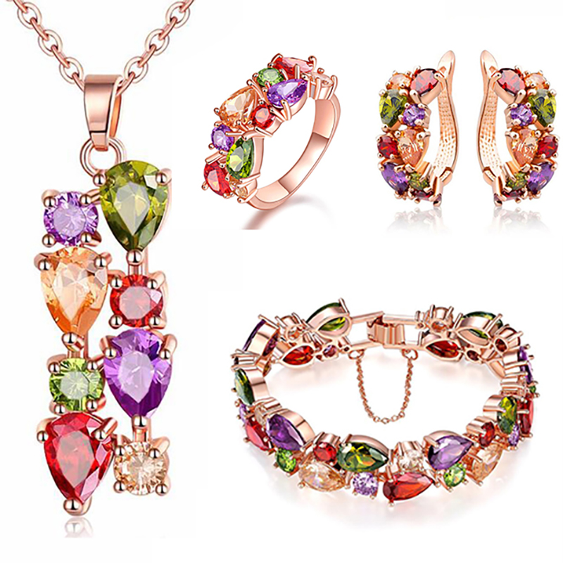 4PCS Colorful Drop Diamond Ring Earring Necklace Bracelet Jewelry Set Crystal Gift For Women Girls