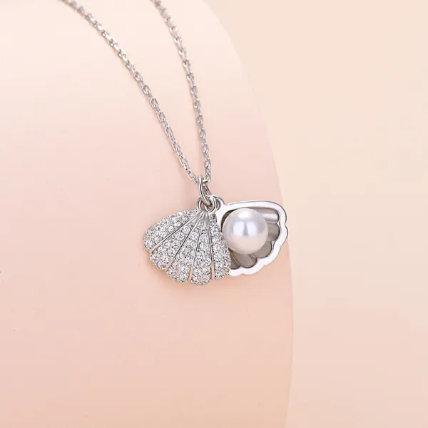 Sterling Silver Zircon Shell Pearl Shell Pendant Chain Jewelry Necklace