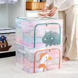Storage Box Cartoon Grid Transparency Dustproof for Bedroom Clothes Toys Storage