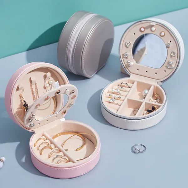 Circular Zipper Type PU Leather Jewelry Box with Mirror For Girls and Women