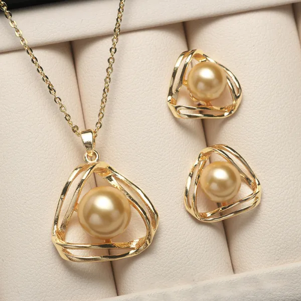Mother's Day Gift Jewelry Geometry-Shaped Pearl Necklace and Earring Set with Box