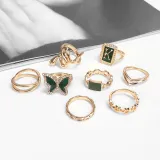 8PCS Butterfly Snake Vintage Gold Plated Boho Green Knuckle Stackable Finger Rings Set