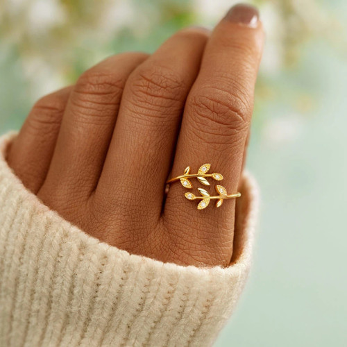 Fashion Jewelry Leaf Diamond Opening Ring Adjustable