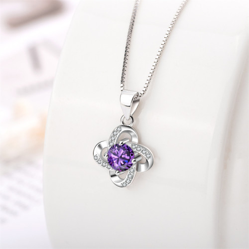 Sterling Silver Zircon White Diamond Clover Clavicle Pendant Chain Jewelry Necklace