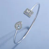 Silver Zircon Diamonds Square Clavicle Open Chain Jewelry Bracelet