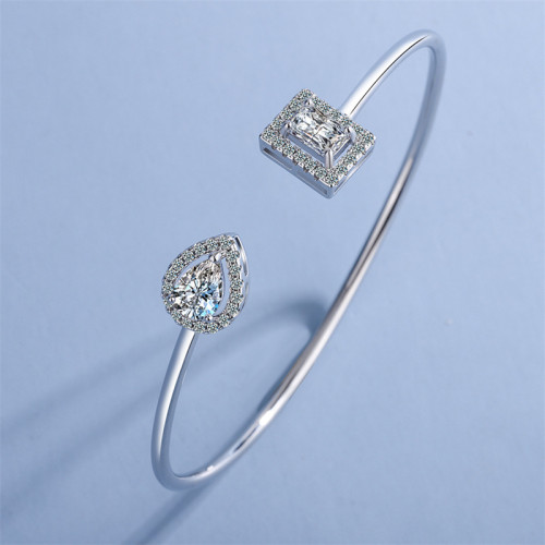 Silver Zircon Diamonds Square Clavicle Open Chain Jewelry Bracelet