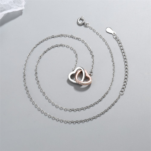 Full Drill Silver Rose Gold Double Heart Ring Diamond Pendant Chain Jewelry Necklace