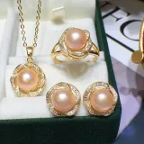 Freshwater Pearl Flower Necklace Ring and Earrings Jewelry Set Mom Gift For Mother's Day
