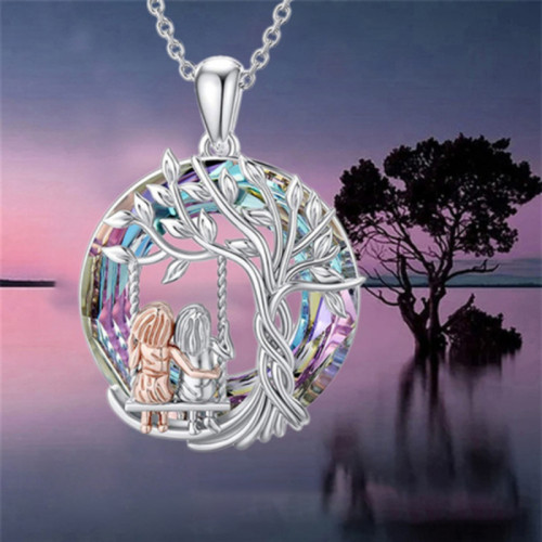 Necklace Earring Tree of Life Pendant Silver with Colorful Circle Crystal Sisters Jewelry Set Gifts