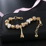 Women's Golden Eiffel Tower Love Heart Zircon Crystal Charm Chain Jewelry Bracelet