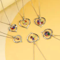 Hollow Out Diamond Heart Birthstones Necklace with Name Engraved Custom Gift For Mom Friends