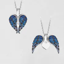 2PCS Angel Wings Colourful Heart Diamond Necklace Earring Pendant Jewelry Set Gift For Mom