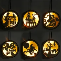 Wooden Laser Hollow Witch Elf Pumpkin Man Haunted House Black Cat LED Light Pendant Halloween Props