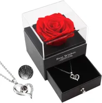 I Love You Necklace 100 Languages Heart Pendant Necklace With Red Rose Jewelry Storage Box for Valentine's Day