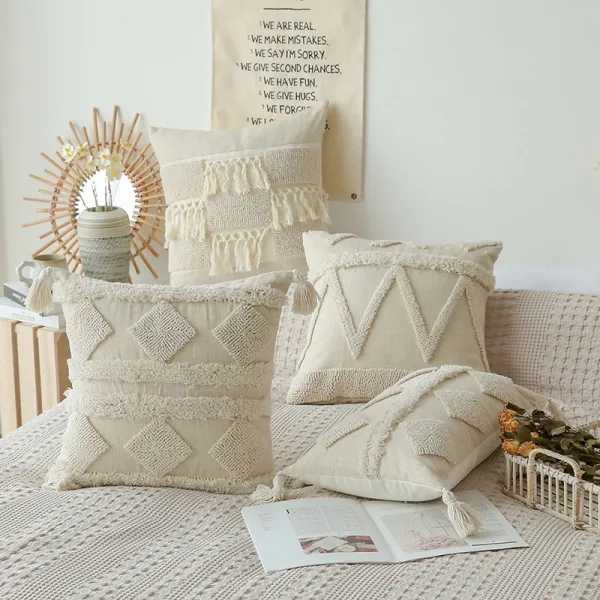 Beige Velvet Wool Decor Tassel Throw Pillow Case Cushion Cover