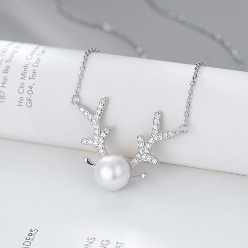 Sterling Silver Antlers Zircon Diamond Pearl Pendant Chain Jewelry Necklace