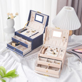 Three Layer Leather Drawer Jewelry Box with Mirror For Girls and Women