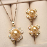 Diamante Jewelry Clover-Shaped Pearl Necklace and Earring Set For Women Girls With Box