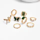 8PCS Butterfly Snake Vintage Gold Plated Boho Green Knuckle Stackable Finger Rings Set
