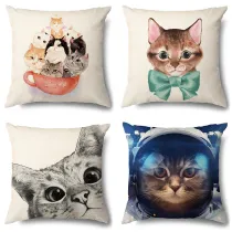 4PCS Home Cotton Decorative Cute Cartoon Cat Throw Pillow Case Cushion Covers For Sofa Couch Bed Chair