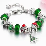 Christmas Gift Women's Xmas Tree Santa Claus Snowflake Big Green Bead Crystal Charm Chain Jewelry Bracelet