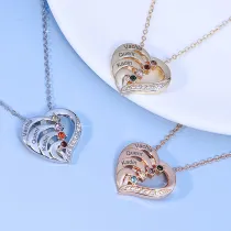 DIY Hollow Out Heart Birthstones Necklace with Name Engraved Custom Gift For Mom Friends