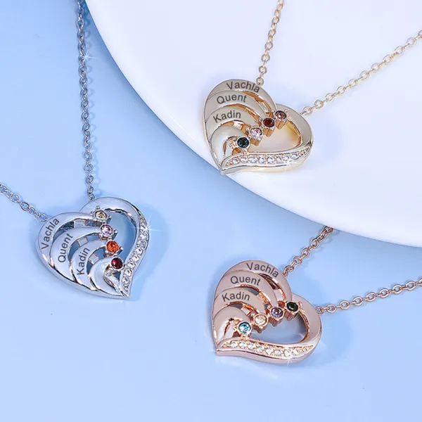 DIY Hollow Out Heart Birthstones Necklace with Name Engraved Custom Gift For Mom Friends