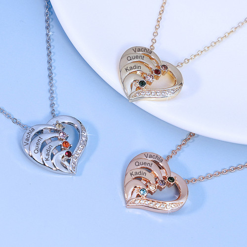 DIY Hollow Out Heart Birthstones Necklace with Name Engraved Custom Gift For Mom Friends