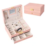 Two Layers Drawer Jewelry Box Storage Box with Mirror For Girls and Women