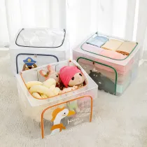 Storage Box Cartoon Grid Transparency Dustproof for Bedroom Clothes Toys Storage