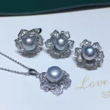 Mother's Day Gift Freshwater Pearl Flower Diamante Necklace Ring and Earrings Jewelry Set