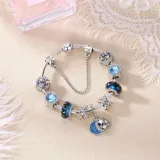 Women Blue Star Silver Beaded Zircon Diamond Crystal Charm Bracelet Bangle