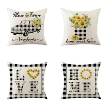 4PCS Home Cotton Decorative Sunflower Plaids Throw Pillow Case Cushion Covers For Sofa Couch Bed Chair
