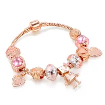 Women Rose Gold Robot Love Beaded Bracelet Pink Crystal Charm Beads Bracelet