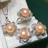 Mother's Day Gift Freshwater Pearl Flower Diamante Necklace Ring and Earrings Jewelry Set