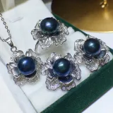 Mother's Day Gift Freshwater Pearl Flower Diamante Necklace Ring and Earrings Jewelry Set