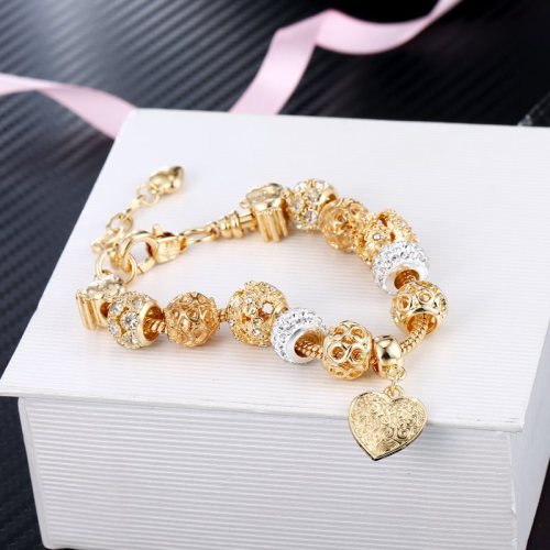 Women's Flower Gold Heart Love Silver Zircon Crystal Charm Chain Jewelry Bracelet