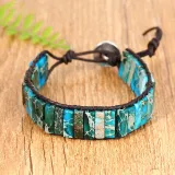 Handmade Bohemian Natural Stones Sunflower Button Adjustable Leather Bracelet for Women and Girls