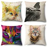 4PCS Home Cotton Decorative Cute Cartoon Cat Throw Pillow Case Cushion Covers For Sofa Couch Bed Chair