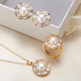 Jewelry Freshwater Pearl Diamante Pendant Necklace and Ring Earrings Set