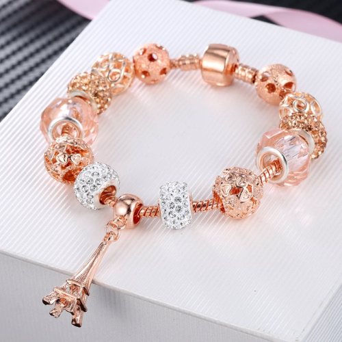 Women's Rose Gold Eiffel Tower Zircon Pink Glass Crystal Charm Chain Jewelry Bracelet