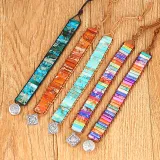 Handmade Bohemian Natural Stones Sunflower Button Adjustable Leather Bracelet for Women and Girls