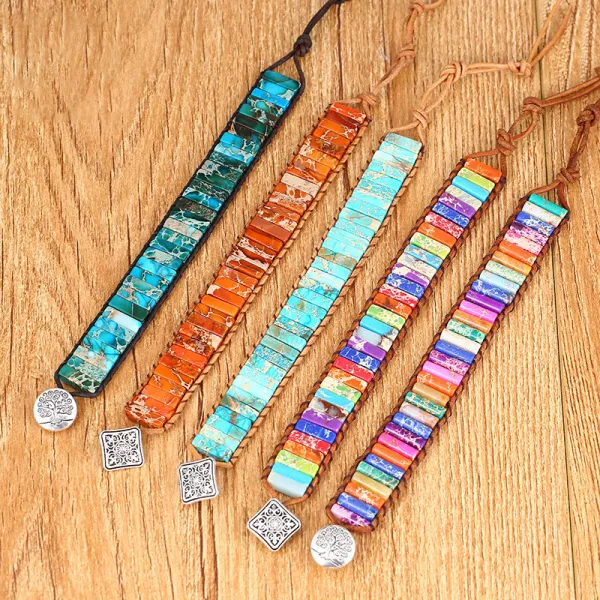 Handmade Bohemian Natural Stones Sunflower Button Adjustable Leather Bracelet for Women and Girls