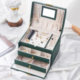 Three Layer Leather Drawer Jewelry Box with Mirror For Girls and Women