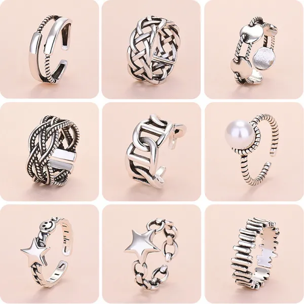 9PCS Silver Vintage Star Hollow Stackable Finger Punk Rings Set